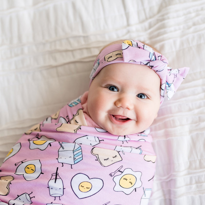 Little Sleepies | Pink Breakfast Buddies Bamboo Swaddle & Headband Gift Set